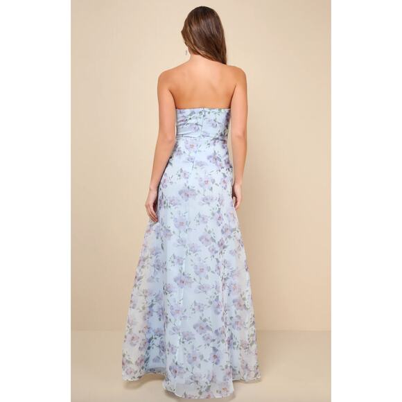 Lulus Chic Preciousness Light Blue Floral Organza Bustier Maxi Dress Medium NWT - Picture 2 of 12